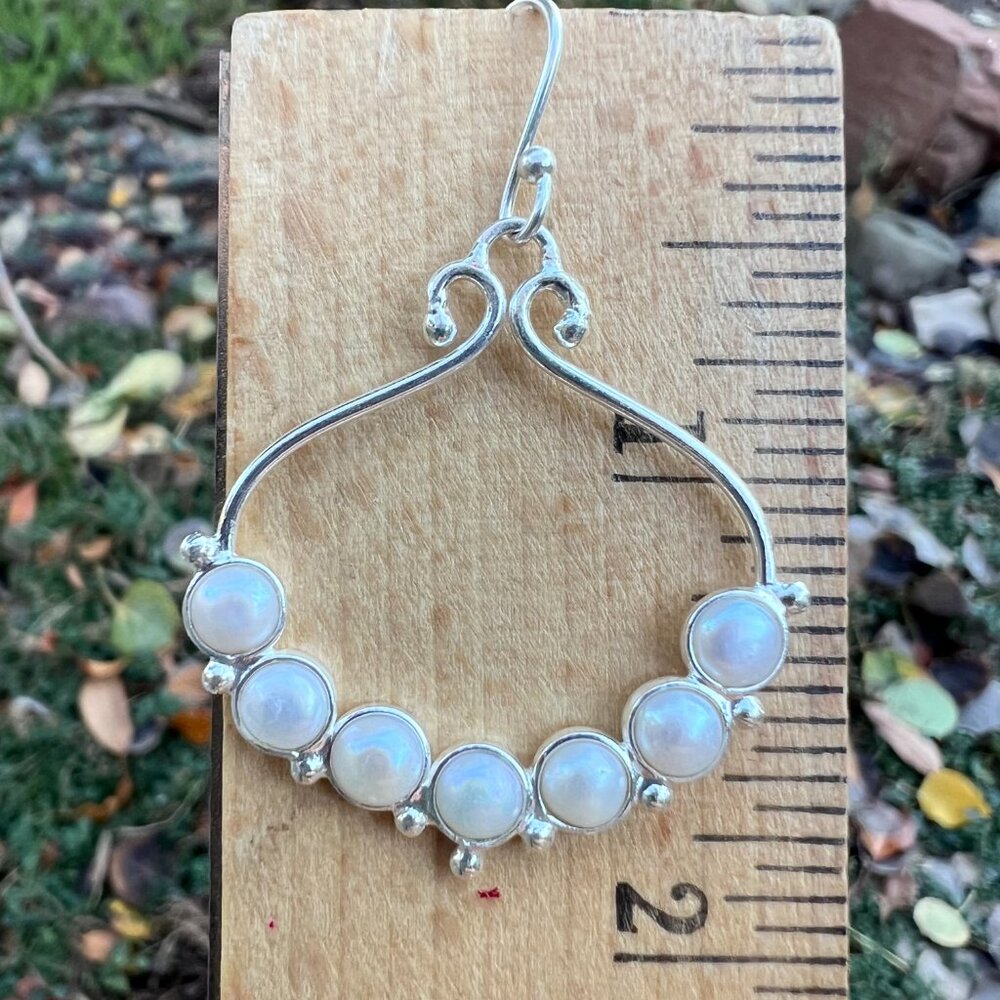 Sundance Catalog $148 NEW 2" PEARL Sterling Silver Hoops Earrings Bridal Boho - Picture 6 of 9
